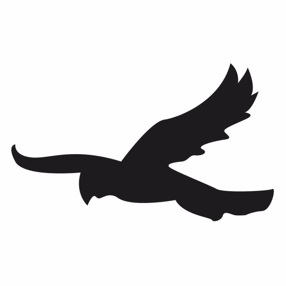 Black silhouette of a bird with outstretched wings in flight against a white background.