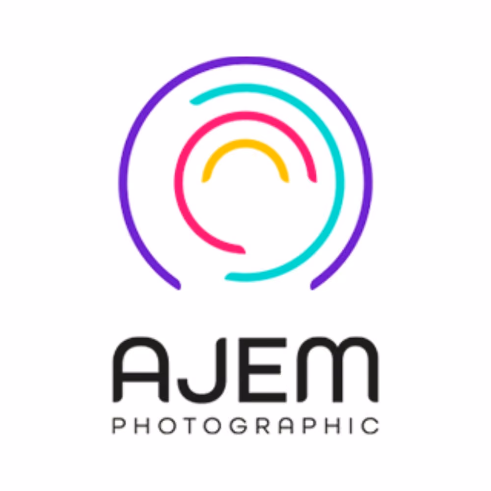 Colorful concentric arcs forming a circular design above the text 'AJEM PHOTOGRAPHIC'.
