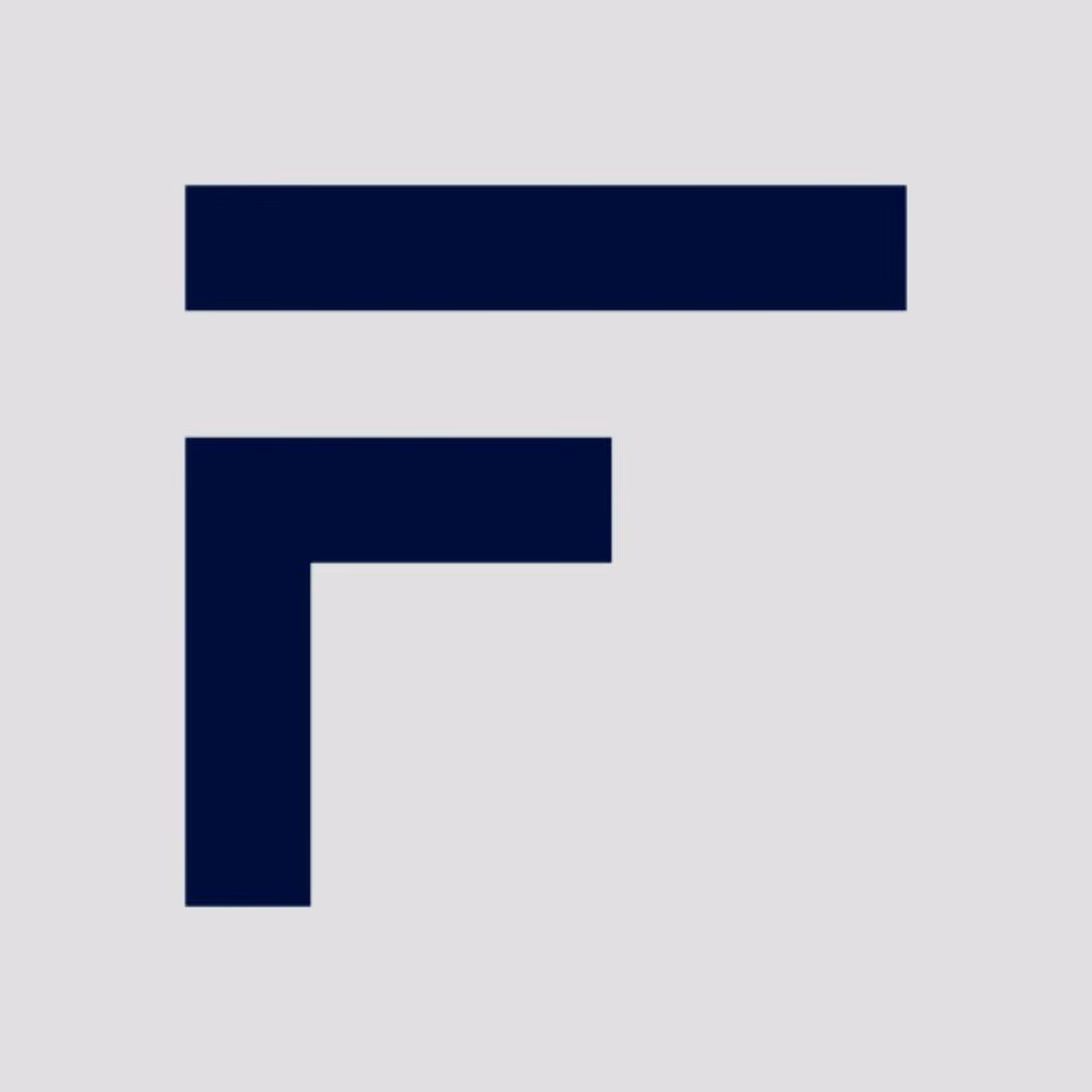 Minimalist logo with two dark blue geometric shapes on a light gray background.