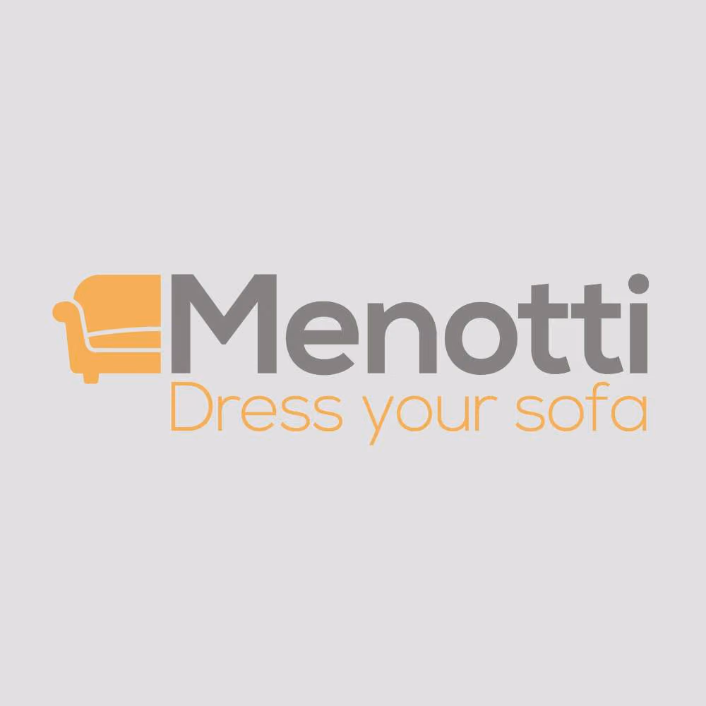 Logo with an orange sofa icon and the text 'Menotti Dress your sofa' on a gray background.