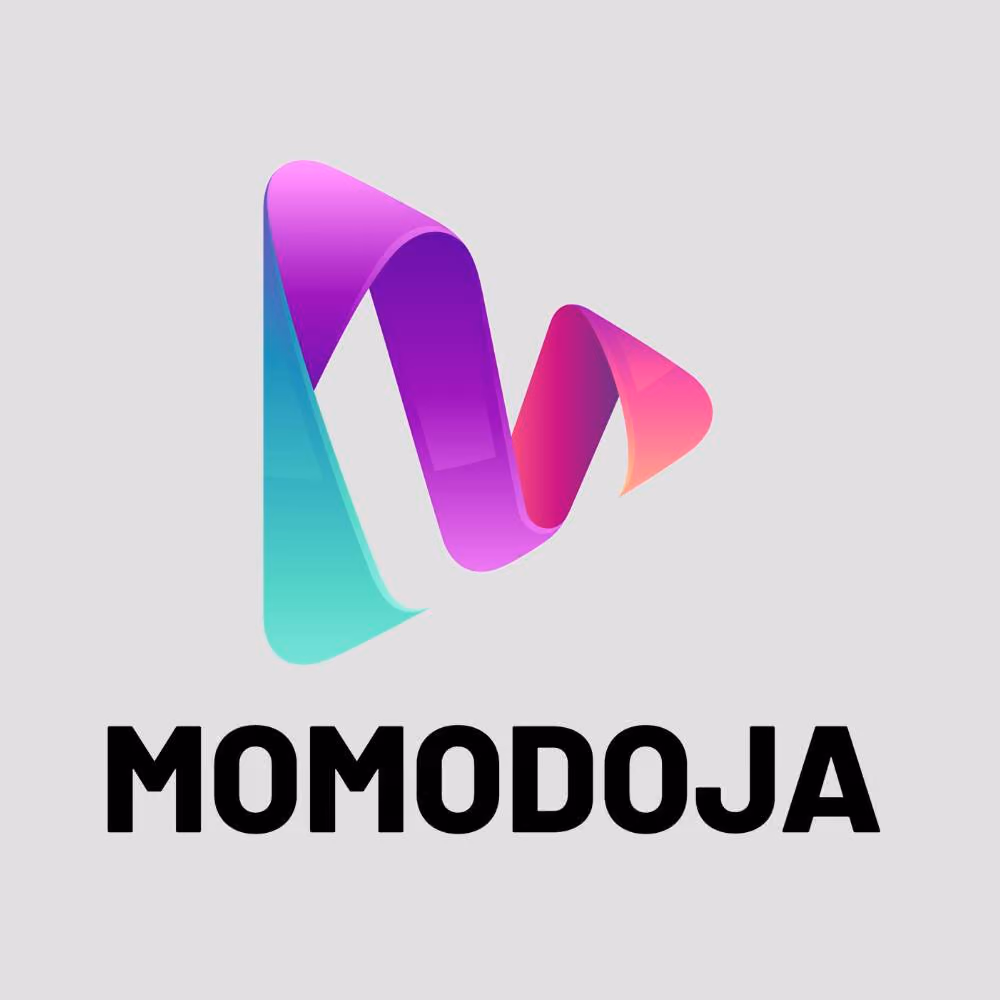 Colorful gradient logo with stylized letter M above the text MOMODOJA on a gray background.