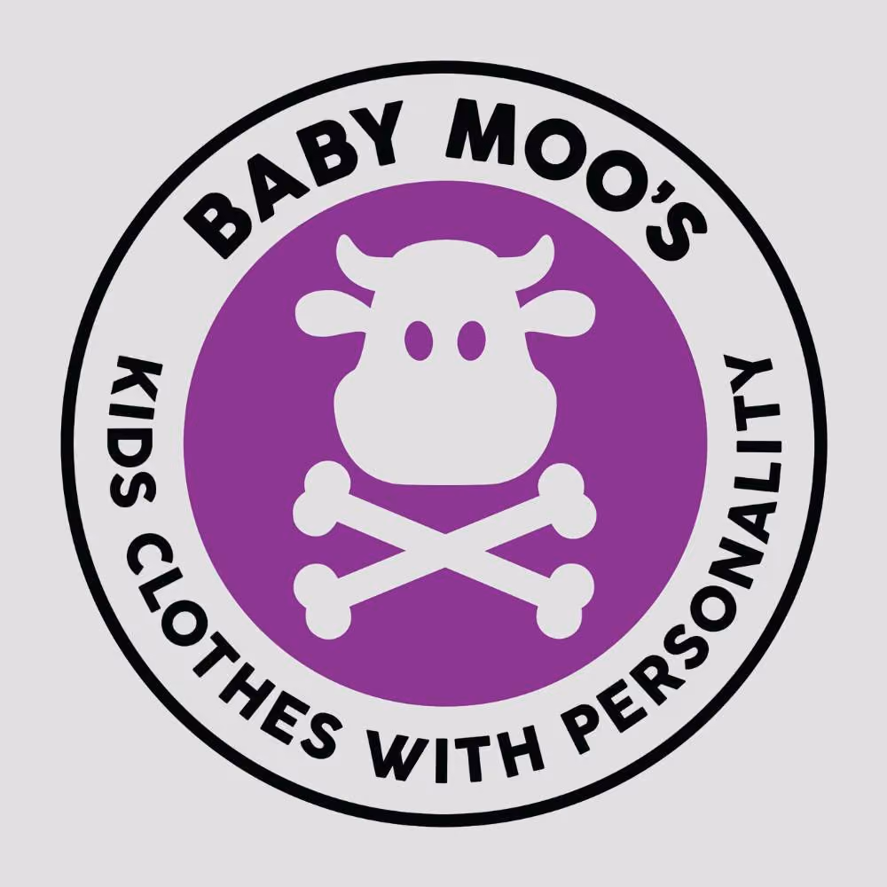 Logo with a cow head above crossed bones in a purple circle and text 'Baby Moo's Kids Clothes with Personality.'