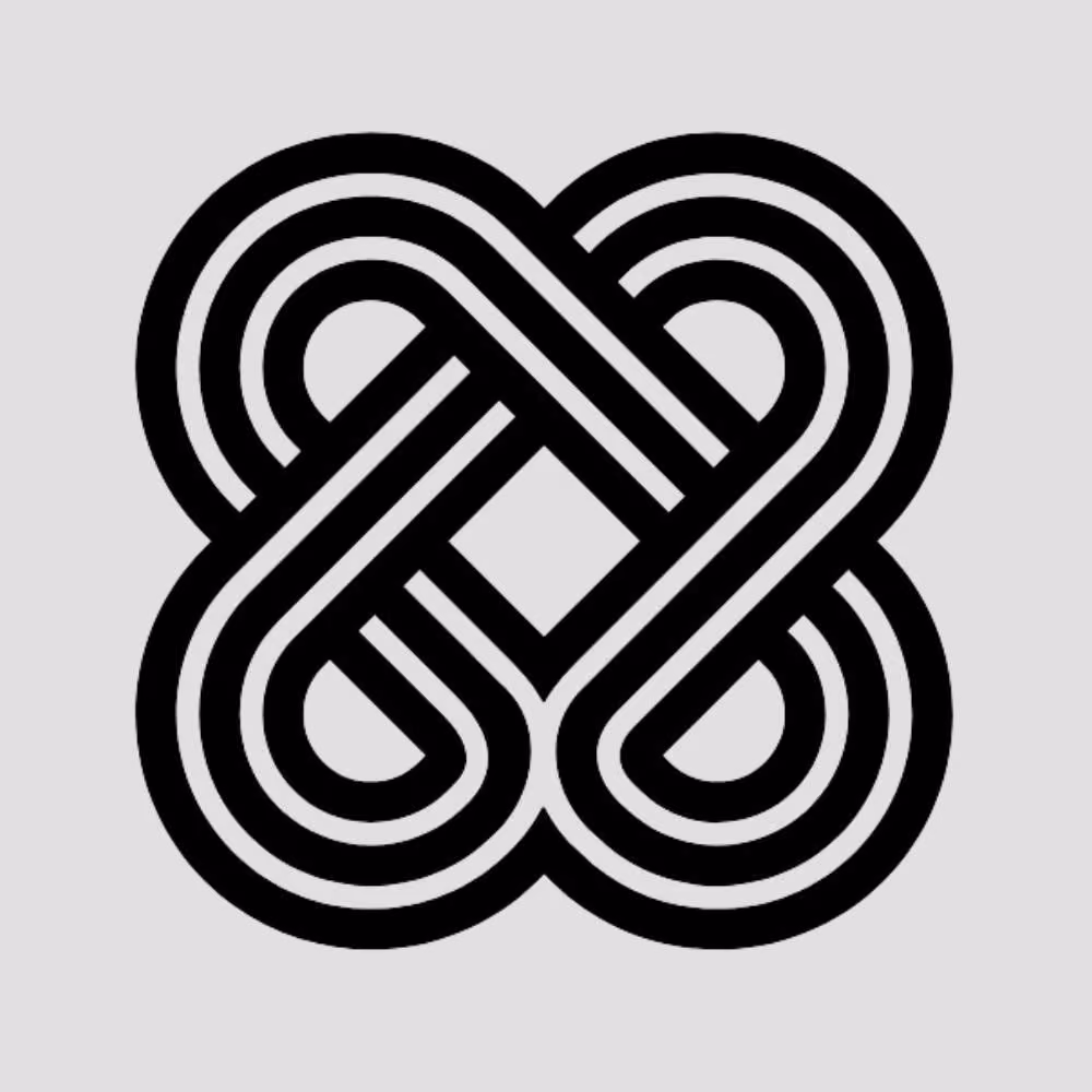 Black interwoven symmetrical knot design with rounded corners on a gray background.