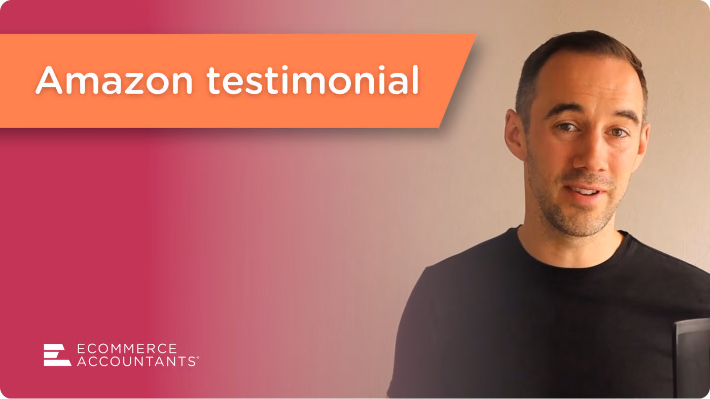 Man in black shirt sharing an Amazon testimonial with Ecommerce Accountants branding on the left.