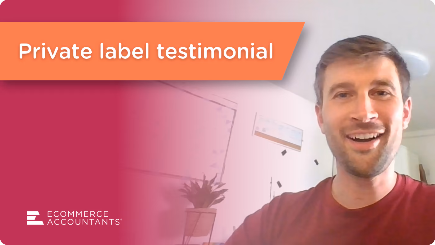 Smiling man in a red shirt giving a private label testimonial with Ecommerce Accountants logo.