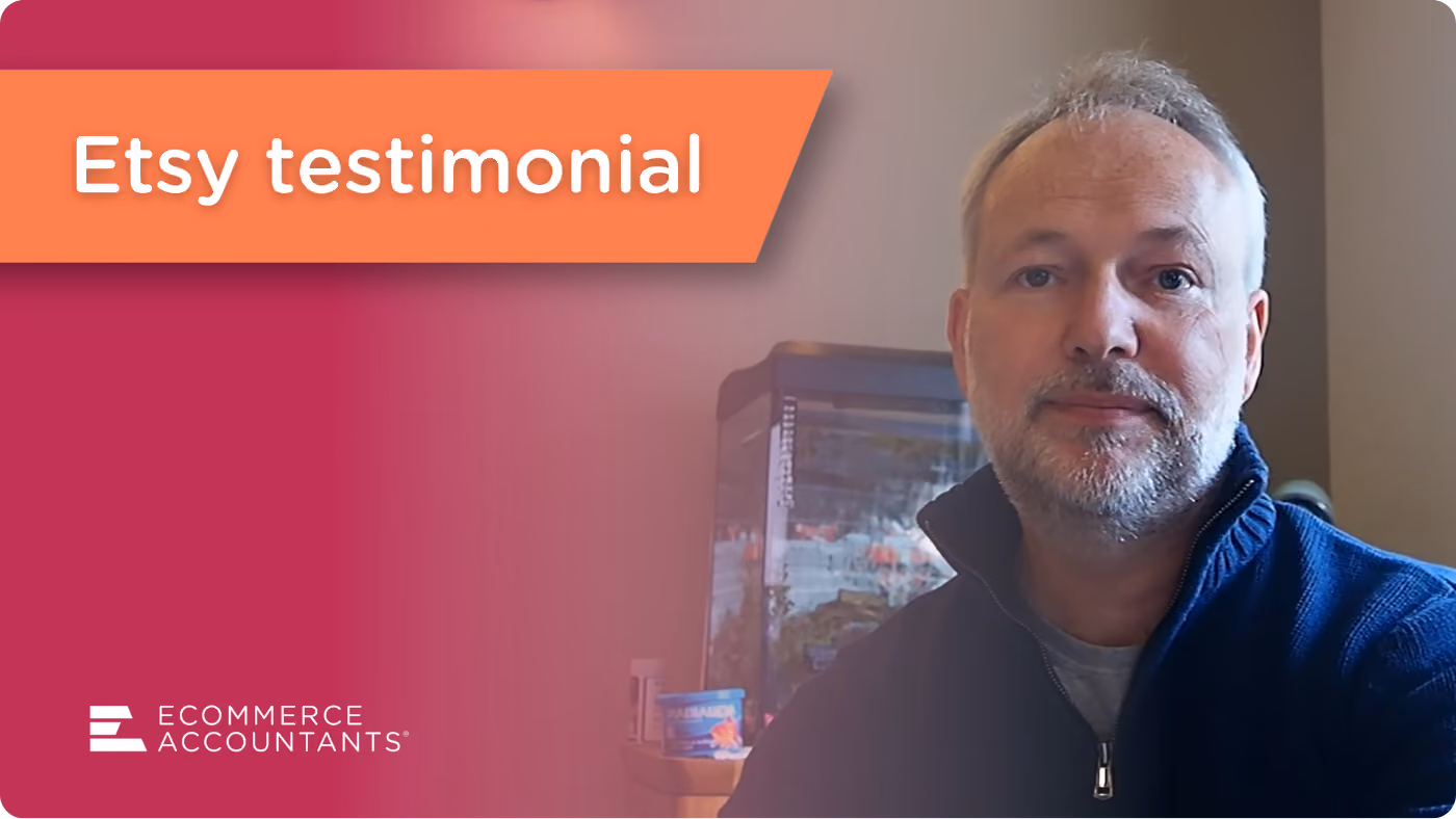 Man with gray hair and beard in a navy sweater sitting indoors near a fish tank, with Etsy testimonial text.