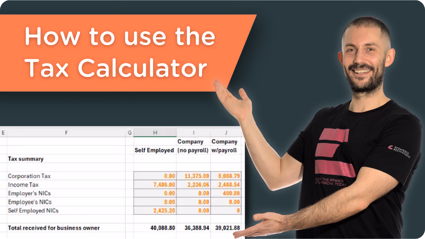Smiling man in black shirt gesturing at a tax summary spreadsheet titled How to use the Tax Calculator.