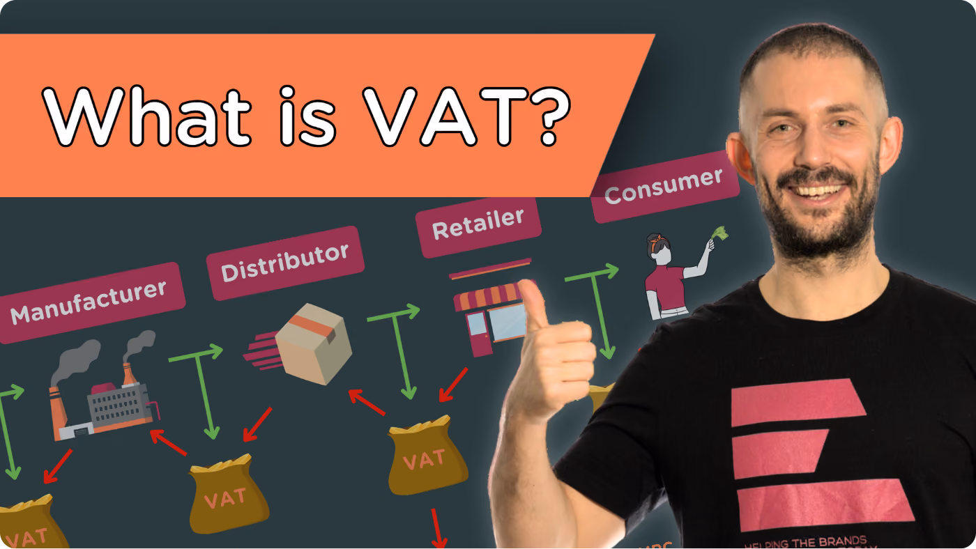 Man giving thumbs up next to infographic titled 'What is VAT?' showing manufacturer to consumer flow with VAT bags.