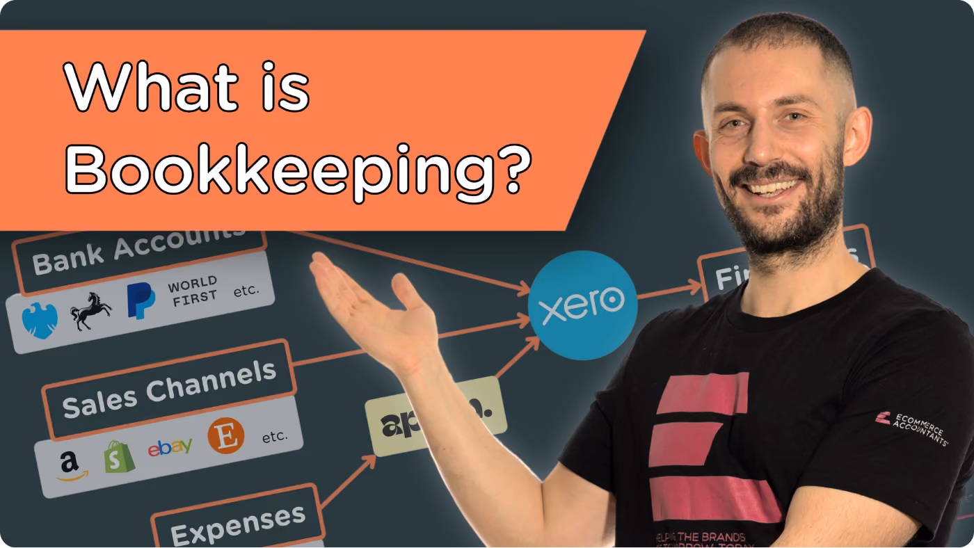 Man smiling and gesturing to infographic titled 'What is Bookkeeping?' showing bank, sales, and expenses linked to Xero.