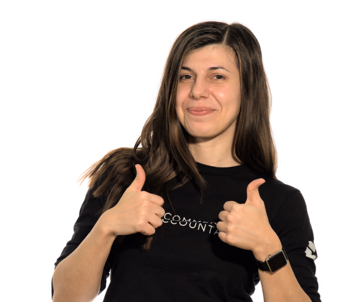 Smiling woman with long brown hair shows two thumbs up wearing a black shirt and smartwatch.