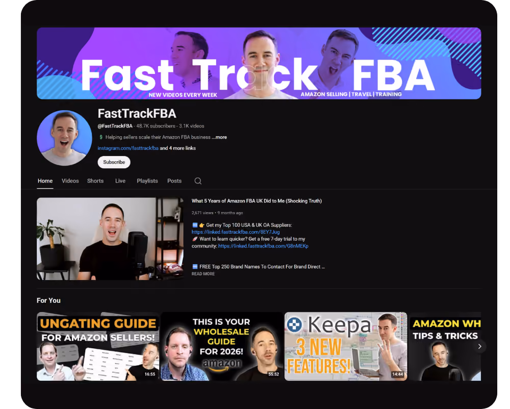 YouTube channel FastTrackFBA homepage showing banner, profile, videos on Amazon FBA selling tips and guides.