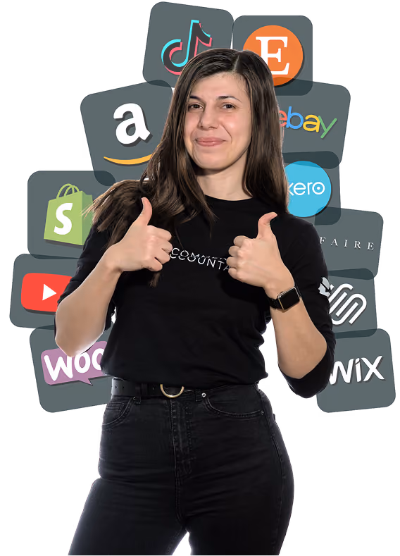 Woman giving two thumbs up with icons of TikTok, Etsy, Amazon, eBay, Shopify, YouTube, WooCommerce, Wix behind her.