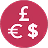 White currency symbols £, €, and $ arranged on a dark circular background.