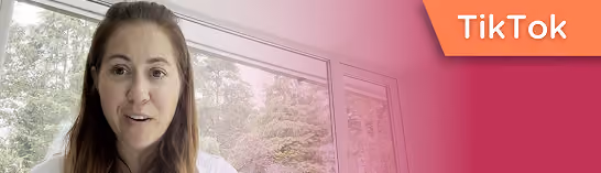 Woman with long hair in front of window with trees, with TikTok logo on pink background on right.