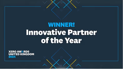 Winner! Innovative Partner of the Year text with Xero Awards United Kingdom 2024 branding.