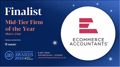 Finalist for Mid-Tier Firm of the Year below £3m with Ecommerce Accountants logo and awards info.