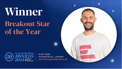 Winner of Breakout Star of the Year award 2024 with photo of smiling man in white shirt on blue background.