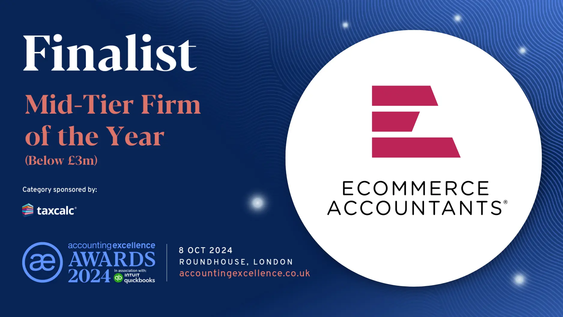 Finalist for Mid-Tier Firm of the Year under £3m with Ecommerce Accountants logo on blue background.