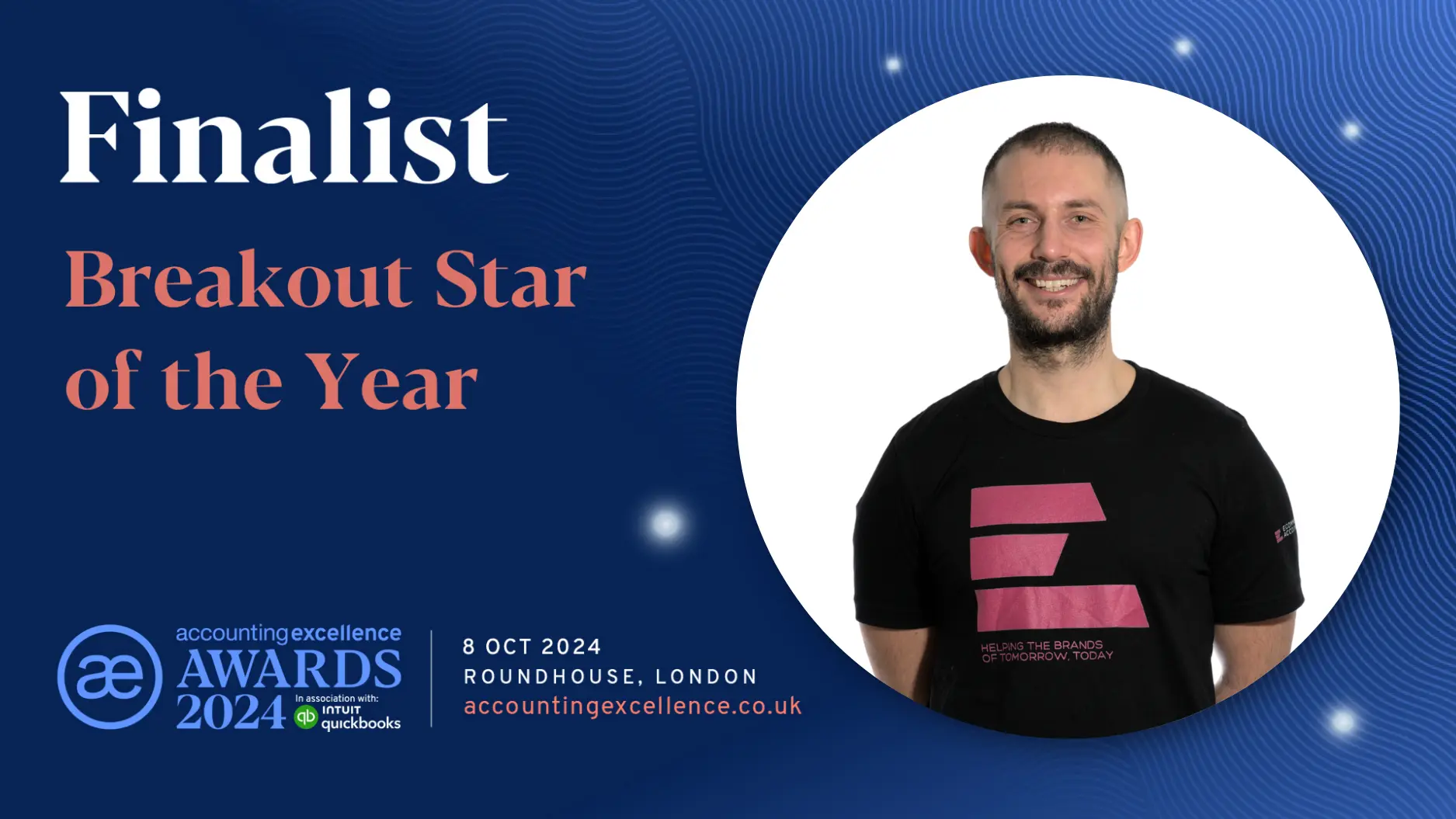 Smiling man in black t-shirt is finalist for Breakout Star of the Year at Accounting Excellence Awards 2024.