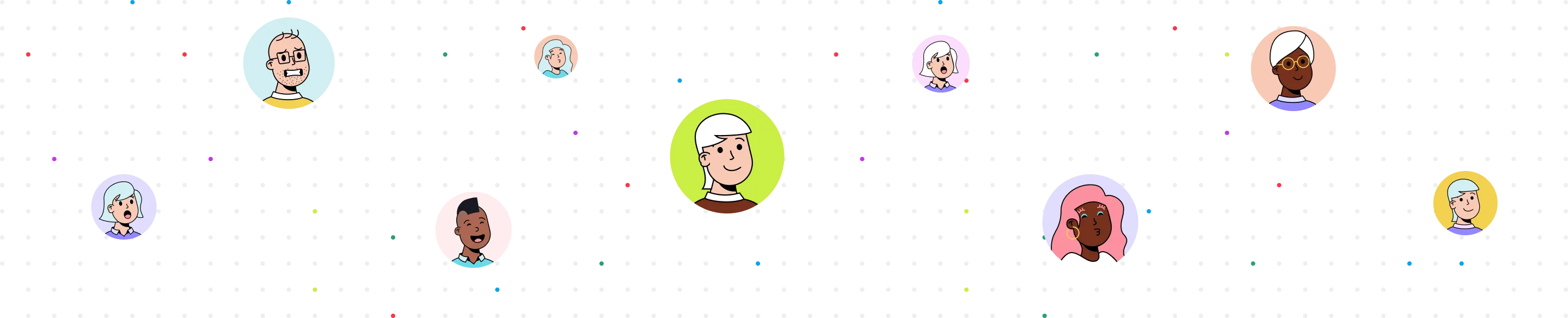 Illustration de divers portraits stylisés et colorés de personnes encadrés dans des cercles de différentes tailles sur fond noir avec des points colorés.