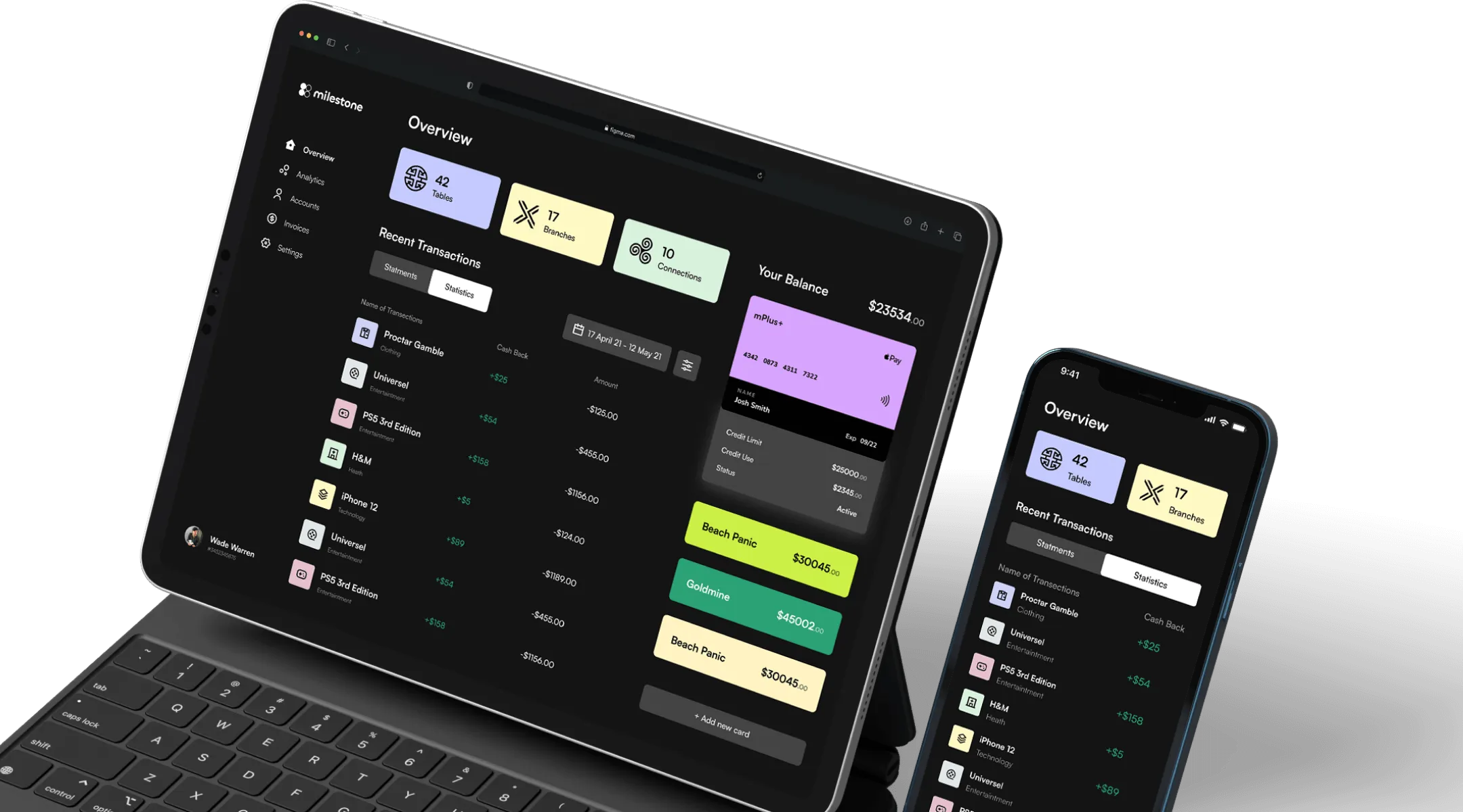 Tablette et smartphone montrant une application financière avec aperçu des transactions récentes, solde et cartes de crédit.