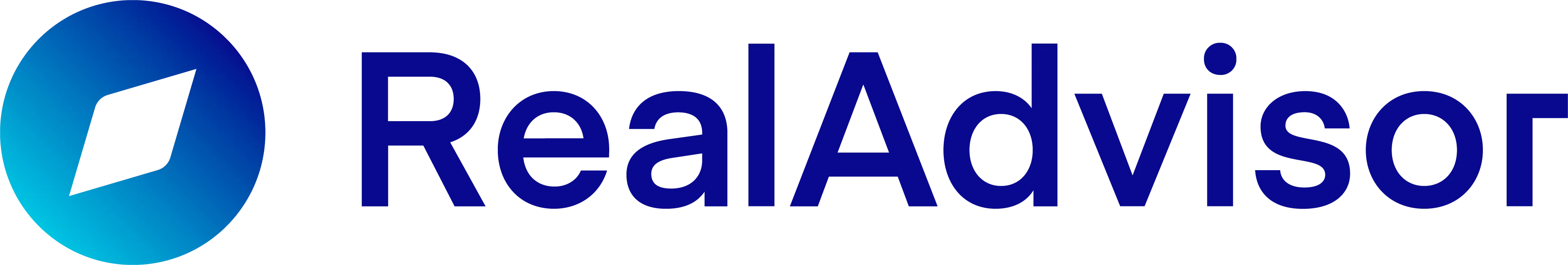 Logo de RealAdvisor avec un symbole de boussole bleu dégradé à gauche et le nom RealAdvisor en bleu foncé.