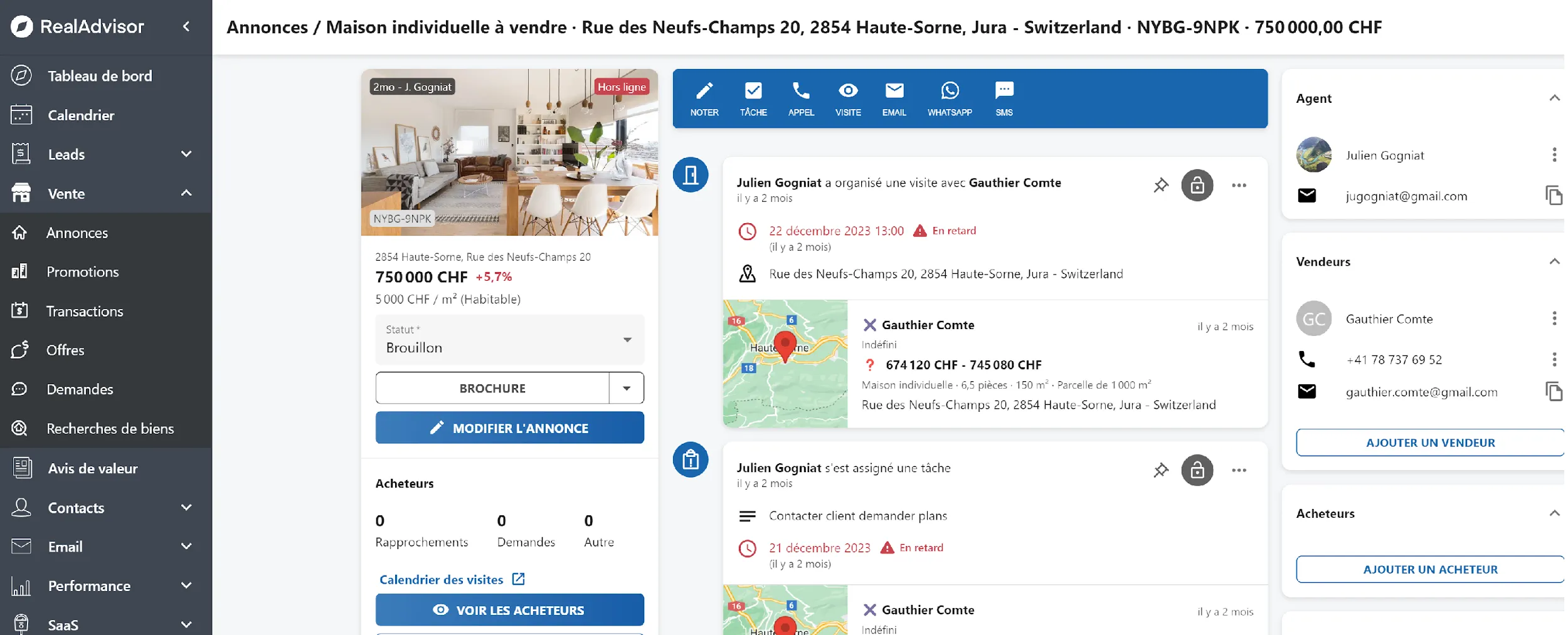 Interface RealAdvisor affichant une annonce immobilière pour une maison à Haute-Sorne, Suisse, au prix de 750 000 CHF, avec détails sur visite, agent, vendeurs et acheteurs.