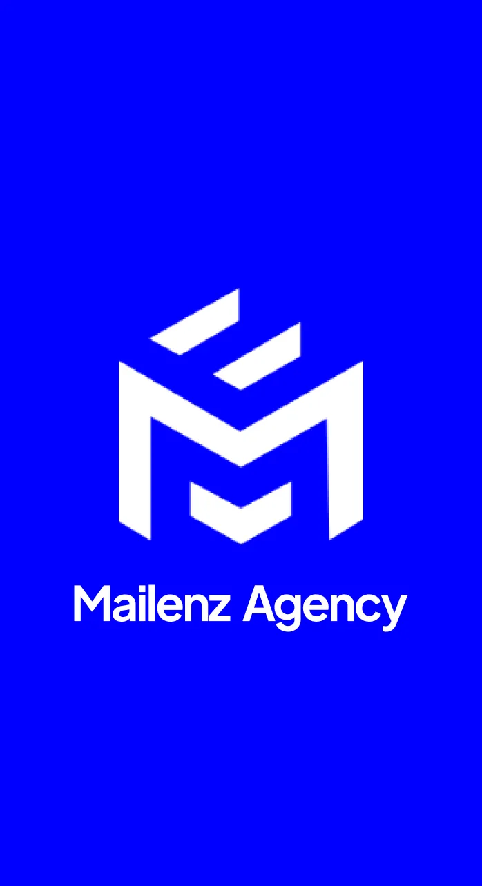 Logo blanc de Mailenz Agency sur fond bleu vif.