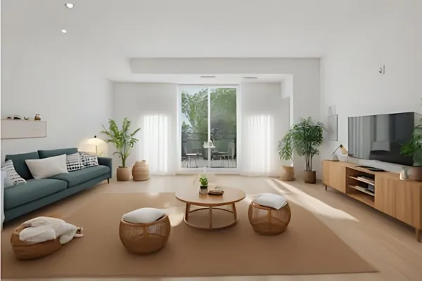 Salon moderne avec canapé gris, table basse ronde, trois poufs, plusieurs plantes vertes, grande fenêtre et meuble TV en bois.