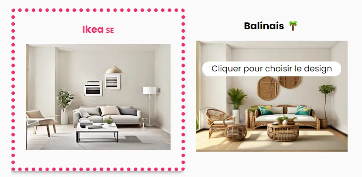 Comparaison de deux salons modernes, l'un Ikea avec un canapé gris, deux fauteuils clairs et une table basse noire, l'autre style balinais avec mobilier en rotin, plantes vertes, coussins colorés et décorations murales en osier.