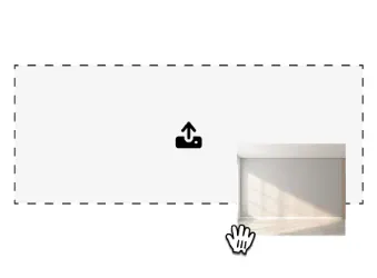Interface avec une zone en pointillés et une icône de téléchargement au centre, avec un coin inférieur droit soulevé montrant une image derrière.