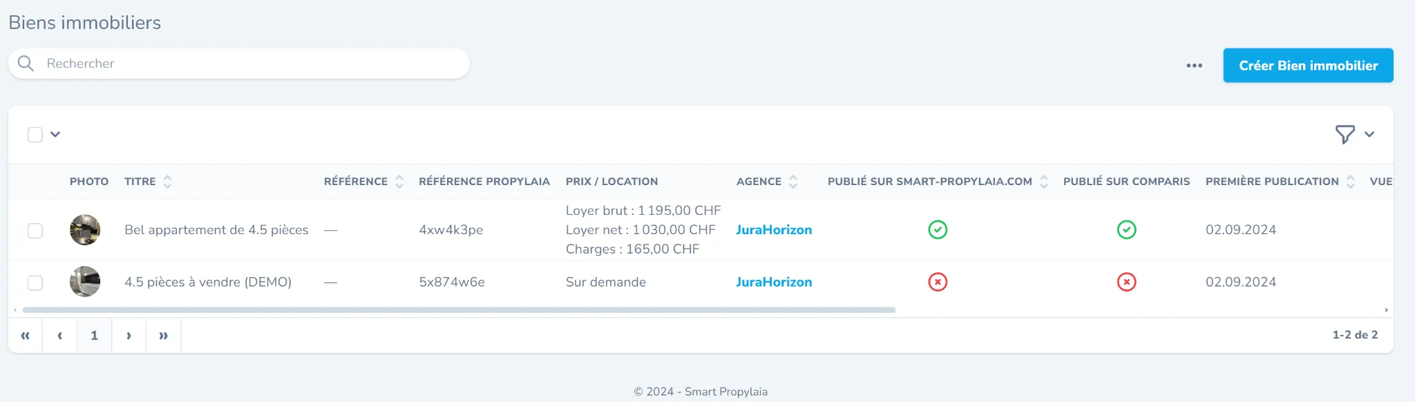 Tableau listant deux biens immobiliers avec photos, titres, références, prix, agence JuraHorizon, statut de publication et dates.