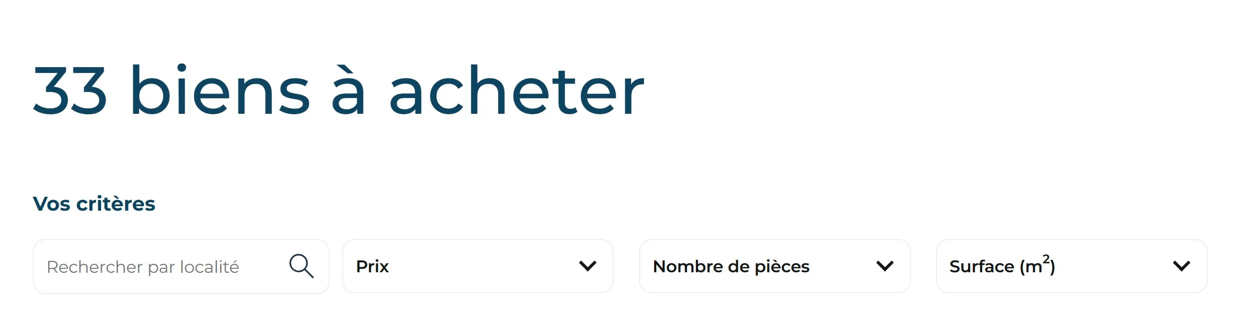 Interface de recherche immobilière affichant 33 biens à acheter avec filtres pour localité, prix, nombre de pièces et surface.