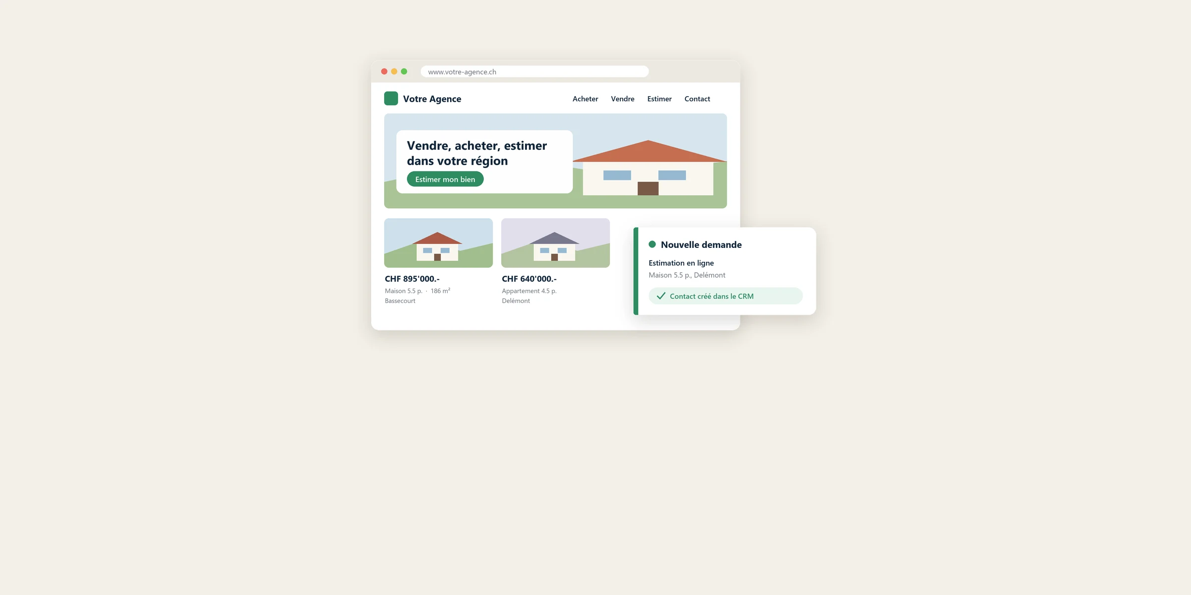 Site d'agence immobilière relié au CRM : une demande d'estimation crée automatiquement le contact