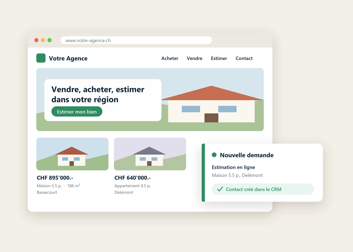 Site d'agence immobilière relié au CRM : une demande d'estimation crée automatiquement le contact
