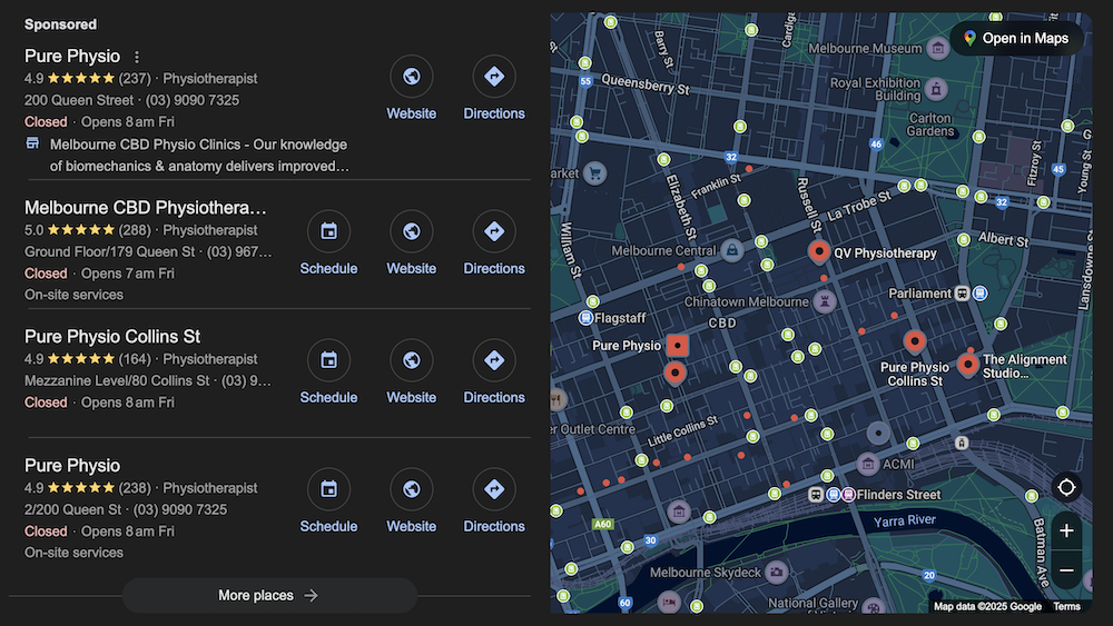 Screenshot of Physio Melbourne Google Maps search results