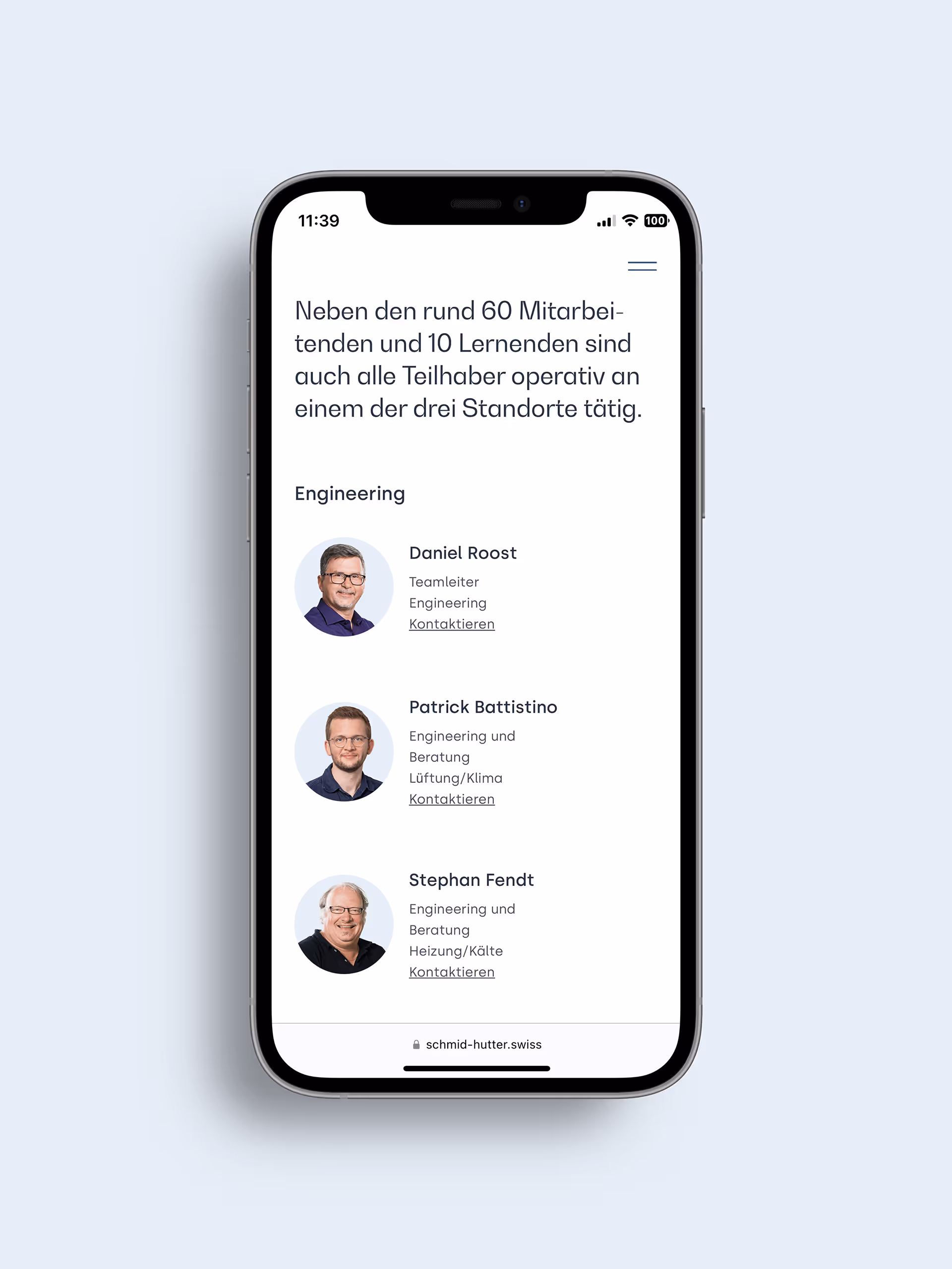 Die Schmid Hutter Team Seite auf einem Mobile