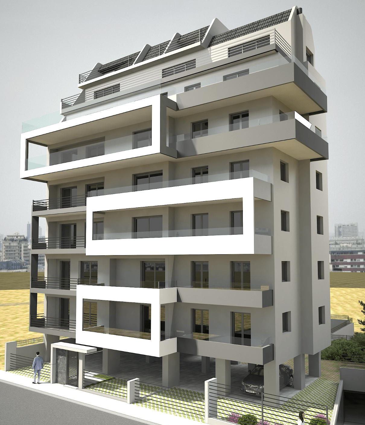 The front side of a seven storey building as it is seen from the road when you walk past from the right side in a photorealistic environment. 