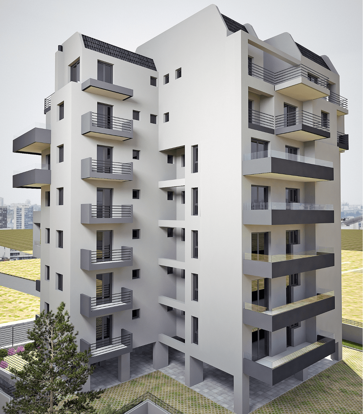 The  back side of a seven storey building as it seen from the rear space in a photorealistic environment. 