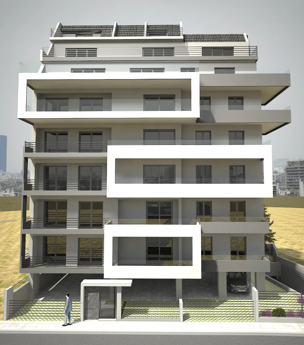 The front side of a seven storey building as it is seen from the road in a photorealistic environment. 