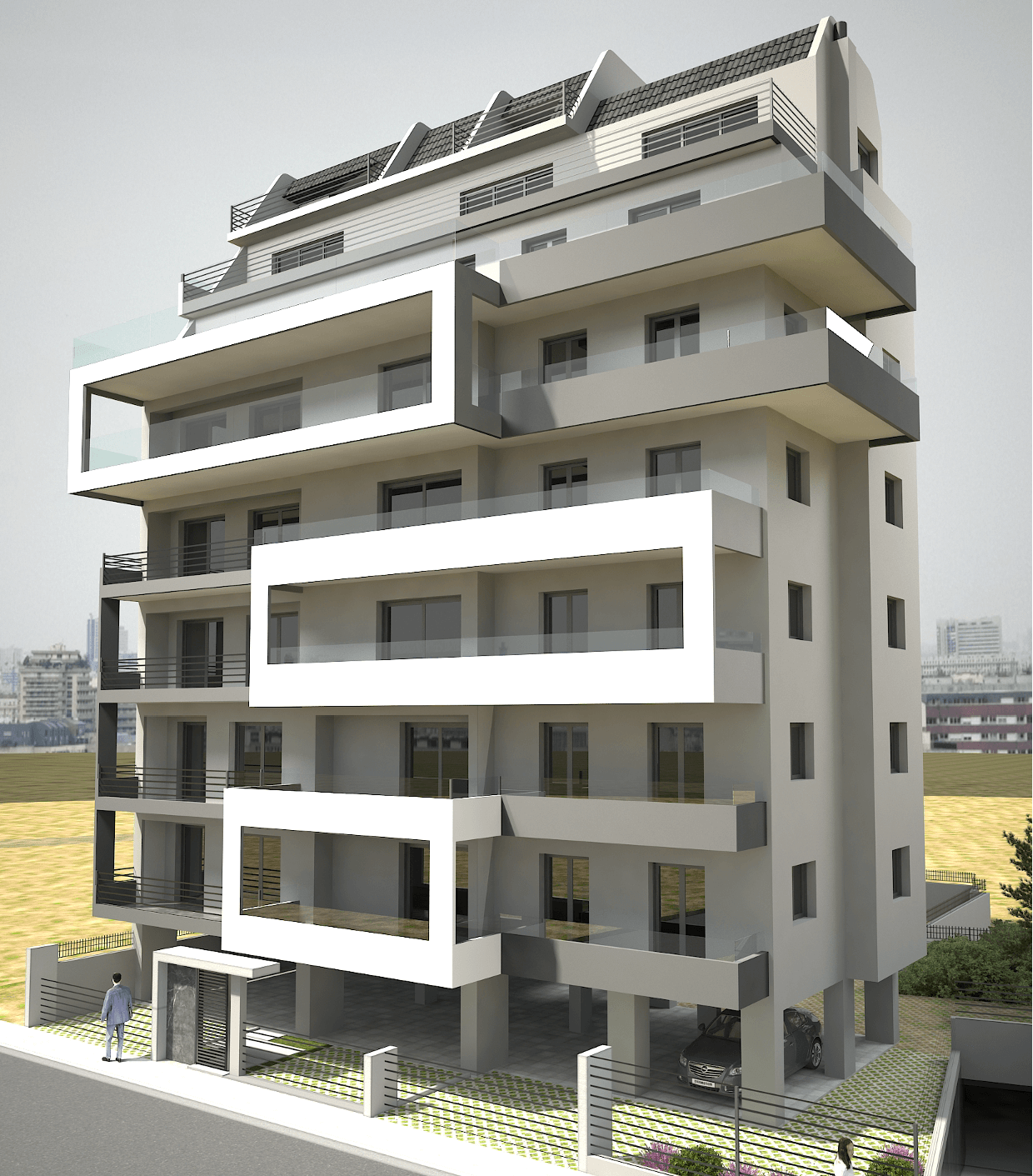 The front side of a seven storey building as it is seen from the road when you walk past from the right side in a photorealistic environment. 
