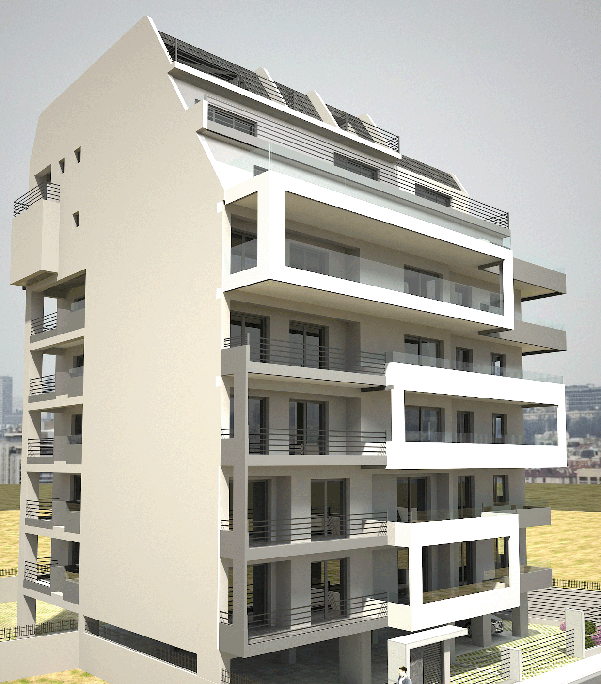 The left side of a seven storey building as it seen from the road in a photorealistic environment. 