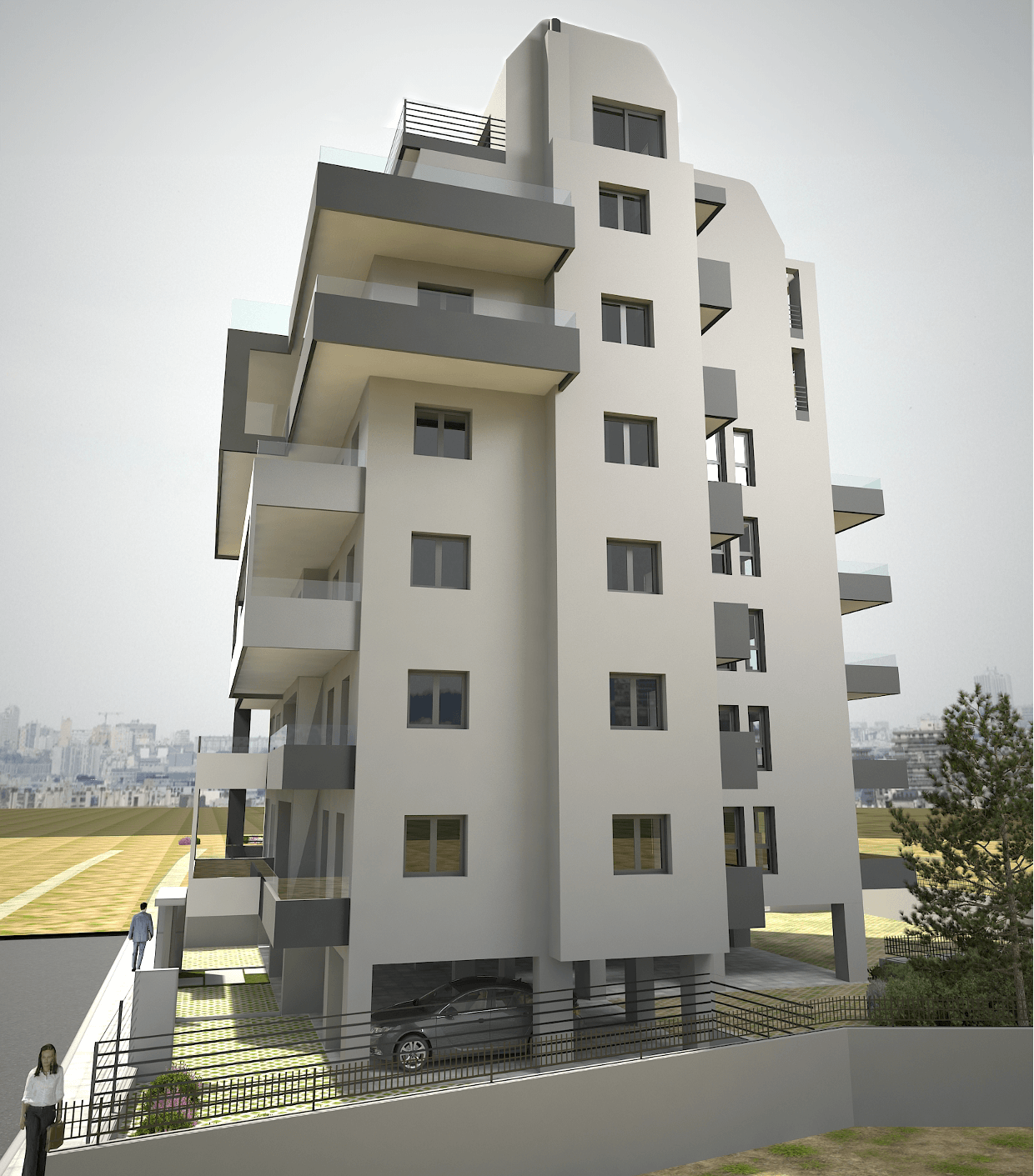 The right side of a seven storey building as it is seen from the road in a photorealistic environment. 
