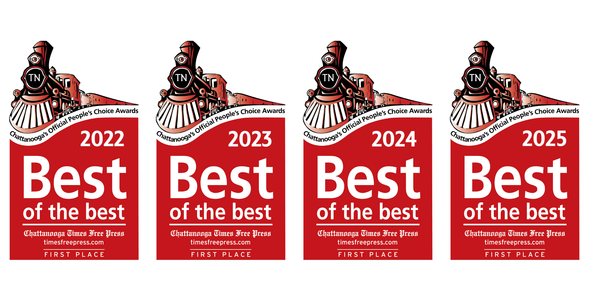 Zen Nail Spa Chattanooga's Best of the Best First Place badges from 2022 - 2025.