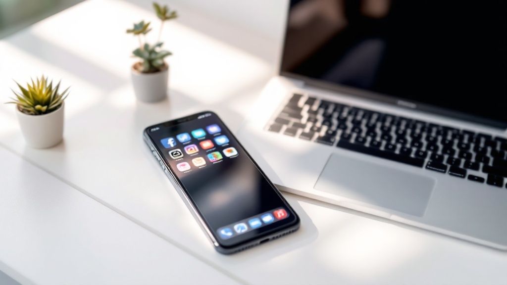A team collaborating around a table, planning a social media strategy.