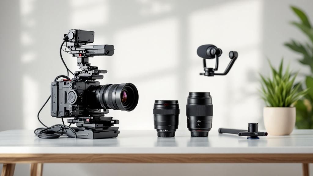 A calculator and a camera lens on a desk, symbolising the budget planning for a corporate video project.