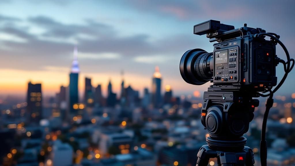 A professional film crew recording an interview for a corporate video.