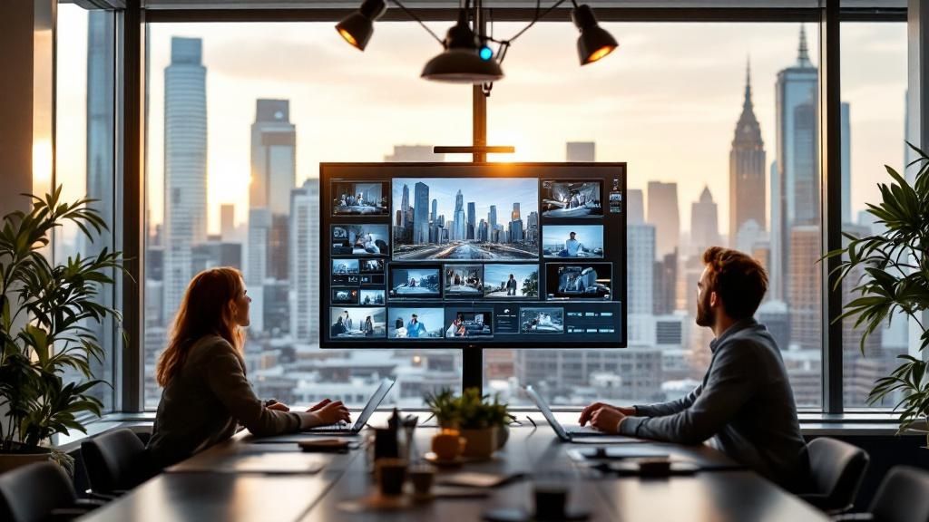 A team of professionals in a Melbourne office collaborating on a video project.