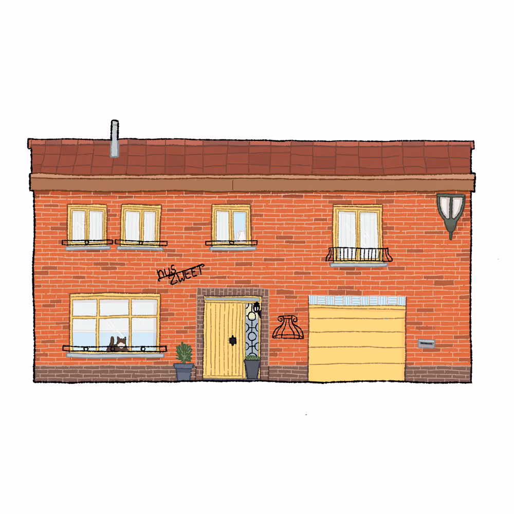 An orange house with yellow doors.