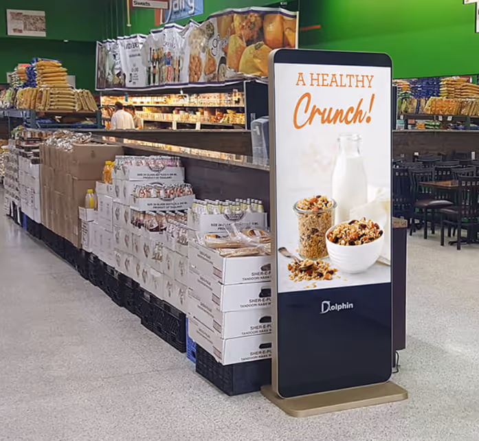 DOOH advertising display promoting healthy snack in grocery store aisle with cereal and milk advertisement.